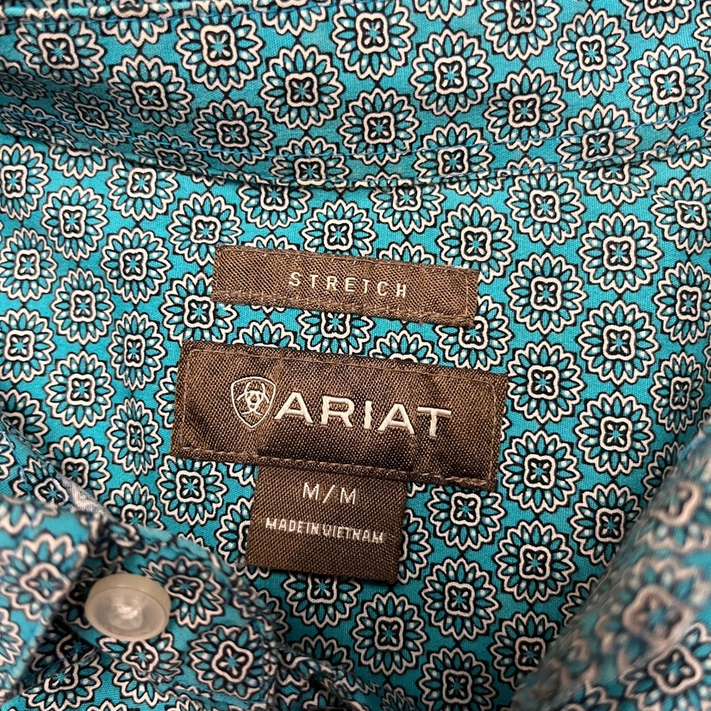 Ariat Button Down Shirt Mens Medium Teal Geometric Floral Stretch Long Sleeve - Picture 4 of 11